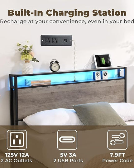 LED Full Bed Frame with 4 Storage Drawers & Charging Station, Platform Metal Bed Frame with Headboard, Noise-Free, No Box Spring Needed, Ancient gray - LeafyLoom