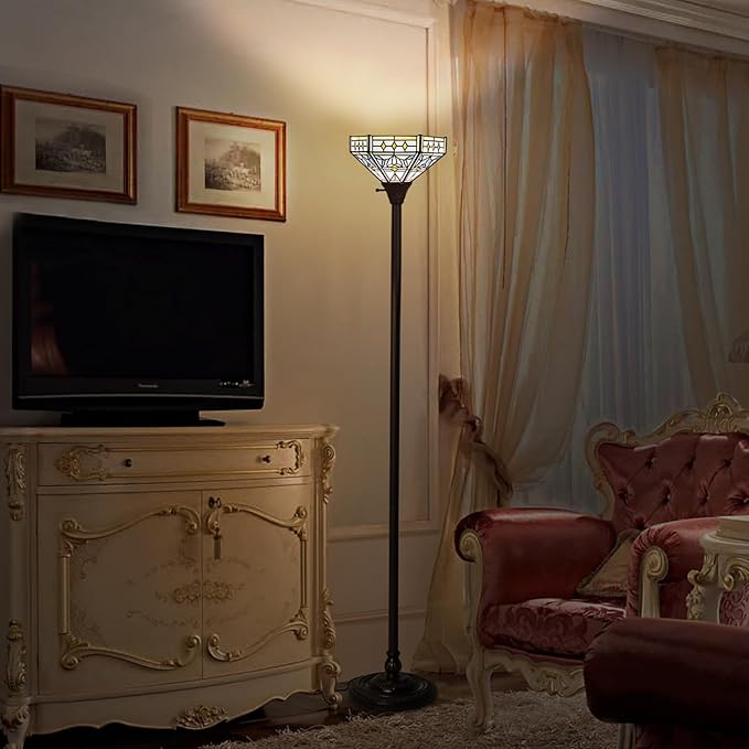 Capulina Tiffany Torchiere Floor Lamp 70 Inches Tall Industrial Dark Bronze Pole Mission Hexagon Virgin Style Stained Glass Torch Standing Light Decor for Living Room Bedroom Home Office - LeafyLoom