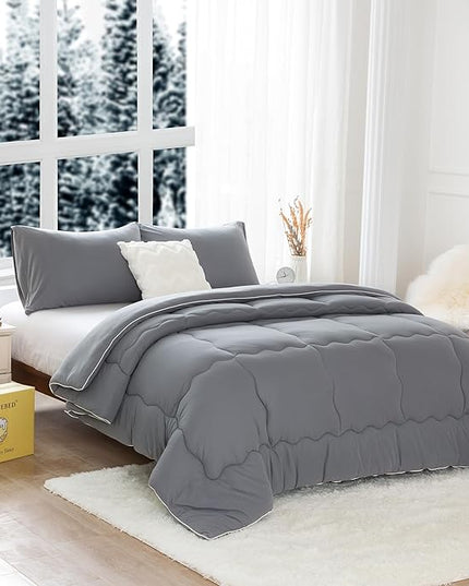 COTTEBED Ultra-Soft Warm Comforter Set Queen/Full Size Bed, Thick Milk Cup Breathable Fluffy Bedding Down Alternative & Pillowcase for Man Women Girl Winter Dark Grey - LeafyLoom