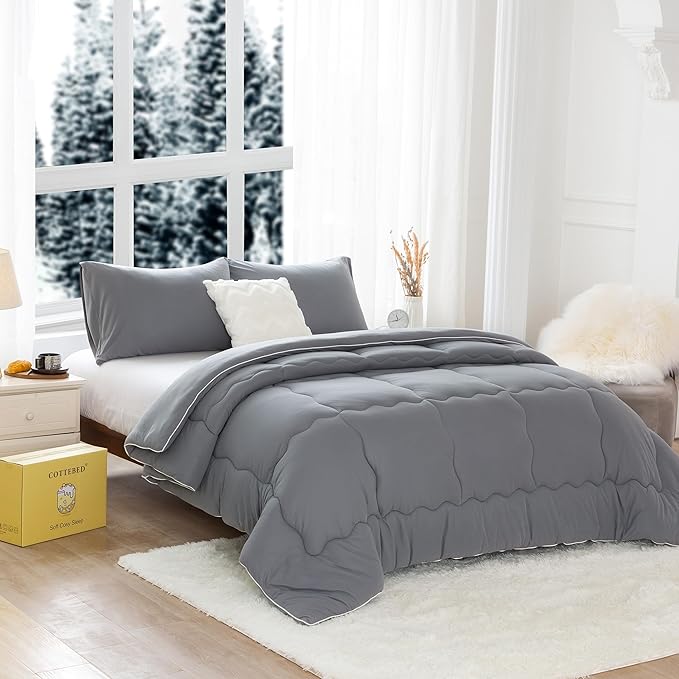 COTTEBED Ultra-Soft Winter King Size Comforter Set, Warm California Cal King Thick Milk Cup Cozy Fully Breathable Bedding 1 Down Alternative with 2 Pillowcase for Winter, Dark Gray - LeafyLoom