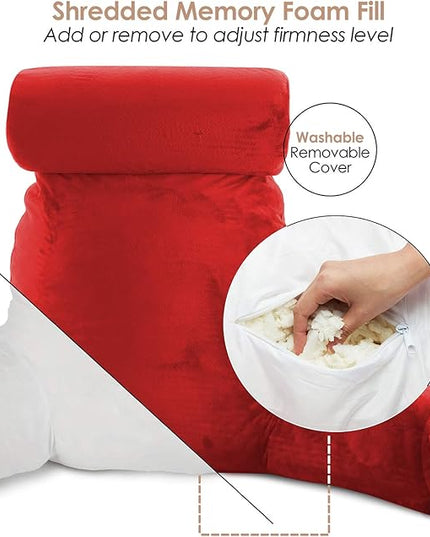Clara Clark Reading Pillow, Large Back Pillow for Sitting Up in Bed, Memory Foam Back Support Pillow, Reading Pillows for Sitting in Bed Adult, Red Sit Up Pillow for Bed Chair with Arms and Pockets - LeafyLoom