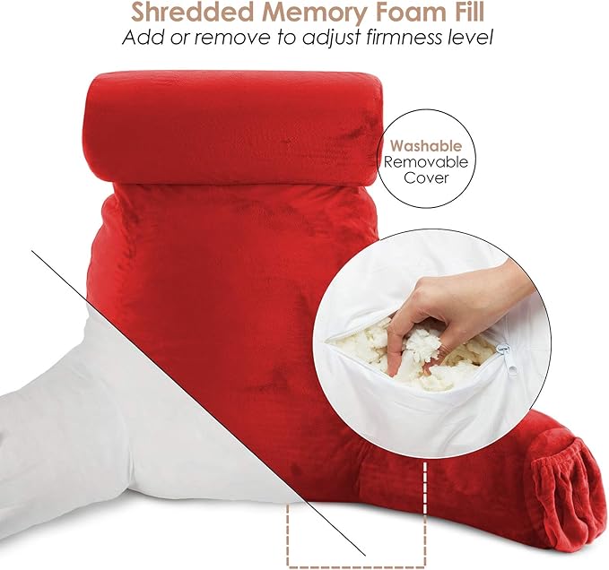 Clara Clark Reading Pillow, Large Back Pillow for Sitting Up in Bed, Memory Foam Back Support Pillow, Reading Pillows for Sitting in Bed Adult, Red Sit Up Pillow for Bed Chair with Arms and Pockets - LeafyLoom