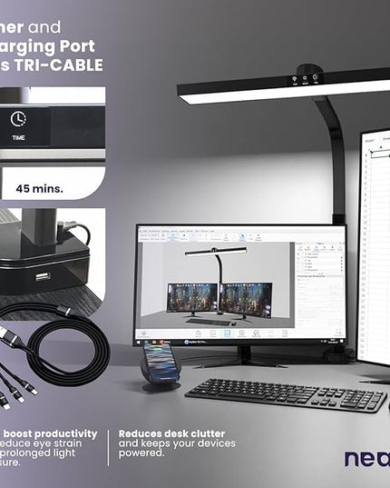 Neatfi LED Desk Lamp with 6-Level Brightness, Adjustable 2700~6500K Color Temperature, 14” Wide, Timer & Charging Port - Touch & Knob Control, 800 Lumens, Dimmable LED Table Light, 24W, CRI 85 (Black) - LeafyLoom