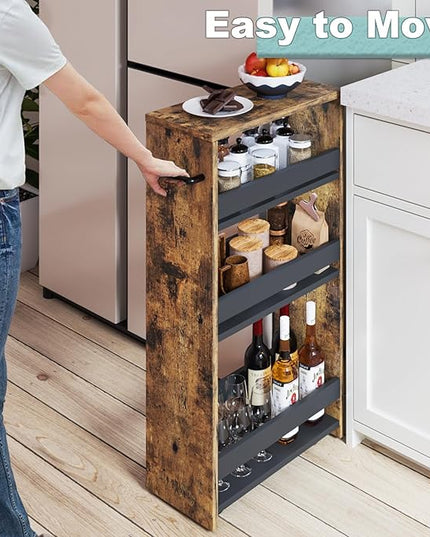 MARTY Rolling Cart 7.9" Width, 4-Tier Utility Carts with Wheels Handle, Slim Kitchen Storage Cart for Bathroom Laundry Room Organization Narrow Places (Rustic Brown) - LeafyLoom