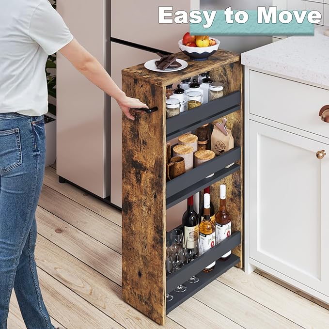 MARTY Rolling Cart 7.9" Width, 4-Tier Utility Carts with Wheels Handle, Slim Kitchen Storage Cart for Bathroom Laundry Room Organization Narrow Places (Rustic Brown) - LeafyLoom