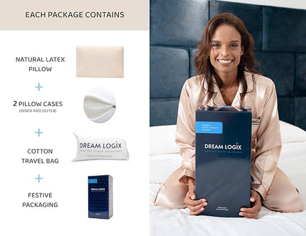 Talalay Natural Latex Foam Pillow DreamLogix - Standard Size Medium Soft Pillow for Sleeping, Side & Back Sleepers, Neck Pain Relief, 100% Cotton Cover (Medium Soft, Standard Size 24''x16''x6'') - LeafyLoom