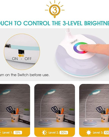 2 Pack LED Desk Lamp Cordless Rechargeable Battery Operated Table Light Adjustable Gooseneck Dimmable Touch Control Color Changing RGB Eye-Caring Base Night Light for Kids with USB Charging Cable - LeafyLoom