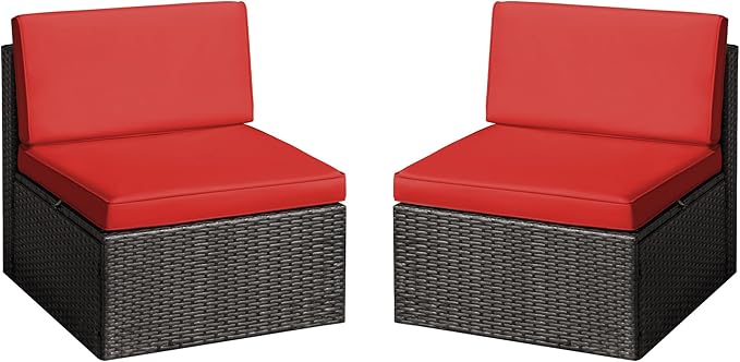 Greesum 2 Piece Patio Conversation Set Wicker Rattan Furniture Outdoor Sofa with Cushions,Pillows and Glass Table for Porch,Lawn and Yard, Red - LeafyLoom