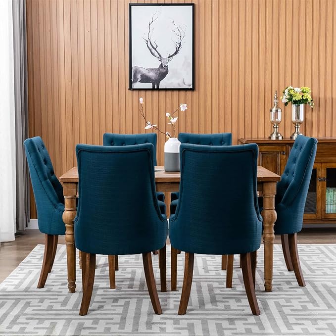 COLAMY Wingback Upholstered Dining Chairs Set of 2, Fabric Side Dining Room Chairs with Tufted Button, Living Room Chairs for Home Kitchen- Dark Blue - LeafyLoom