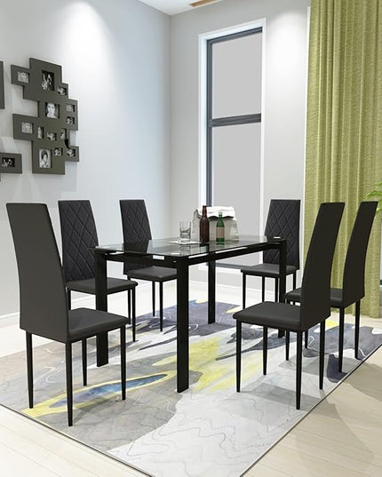 NicBex Dining Table for 6 Kitchen & Dining Room Tables 7-Piece Dining Table Set Modern Dining Table and Chair Glass Dining Table with 4 Chairs for Small Space, Black - LeafyLoom