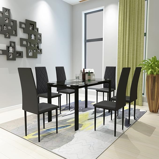 NicBex Dining Table for 6 Kitchen & Dining Room Tables 7-Piece Dining Table Set Modern Dining Table and Chair Glass Dining Table with 4 Chairs for Small Space, Black - LeafyLoom