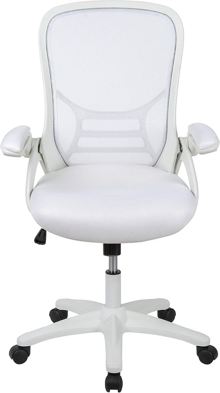 Flash Furniture Porter High-Back Swivel Office Chair with Adjustable Lumbar Support and Seat Height, Ergonomic Mesh Desk Chair with Flip-Up Armrests, White - LeafyLoom