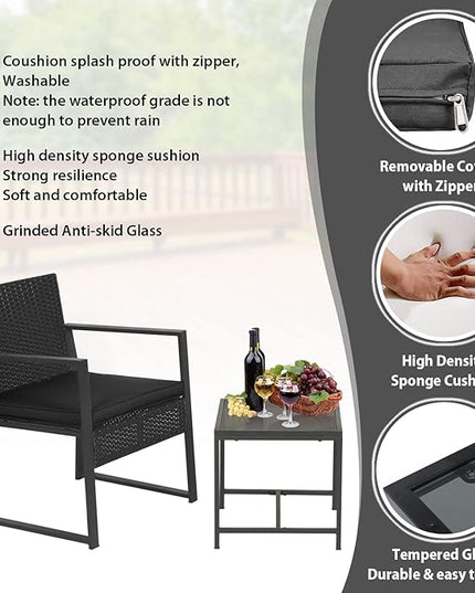 FDW Wicker Patio Chairs Rattan Bistro Set Outdoor Furniture for Backyard Porch Poolside Lawn, Cushion, Black and Black - LeafyLoom