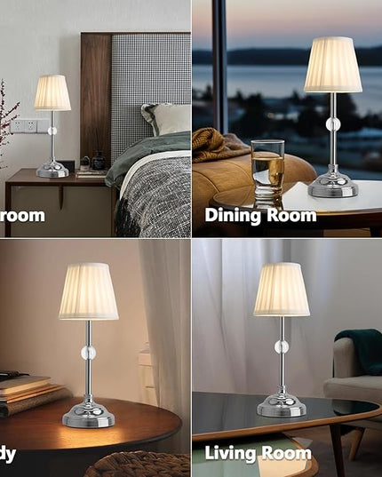 Modern Cordless Table Lamps,5000mAh Rechargeable Battery Operated Table lamp,Chrome Fabric Shade Table Lamps,Portable Touch Desk Lamp with Dimming 3000K LED Night Light for Bedroom/Bedside/Dining Room - LeafyLoom