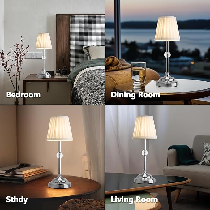 Modern Cordless Table Lamps,5000mAh Rechargeable Battery Operated Table lamp,Chrome Fabric Shade Table Lamps,Portable Touch Desk Lamp with Dimming 3000K LED Night Light for Bedroom/Bedside/Dining Room - LeafyLoom