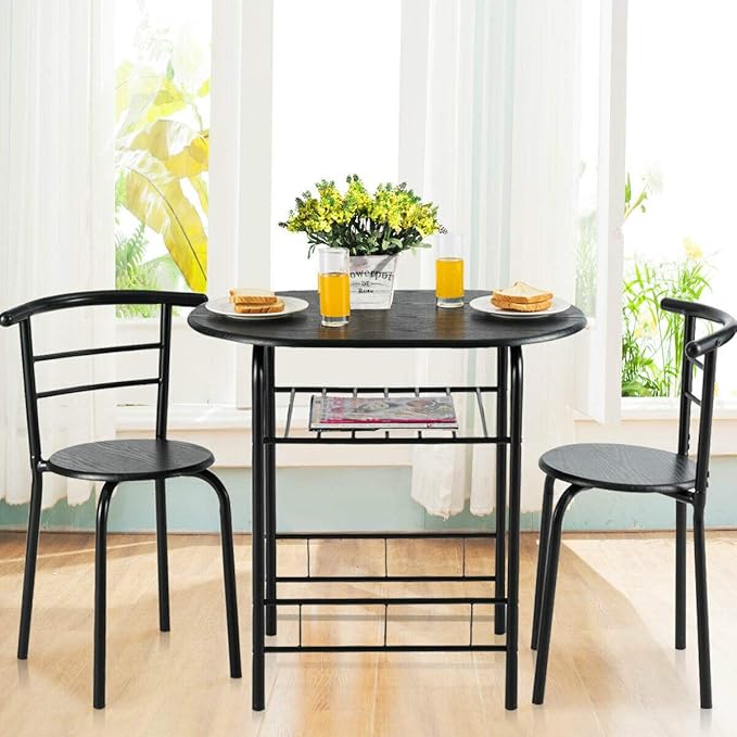 DORTALA 3PCS Dining Table Set, 1 table & 2 chairs set, 3 Piece Compact Dining Set, Oval Table & Mid-back Chairs w/Built-in Wine Rack, Suitable for Small Space, Black - LeafyLoom