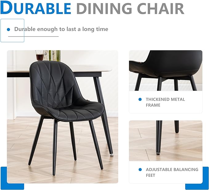 YOUNIKE Dining Chairs Set of 2, Black Modern Kitchen Chairs with Adjustable Feet, Mid Century Faux Leather Upholstered Dining Room Chairs, 300LBS Support Elegant Dinning Chairs Side Chairs - LeafyLoom
