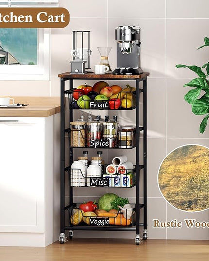 Fruit Basket, 5-Tier Utility Kitchen Organizer and Storage Cart with Pull-Out Baskets and Wood Top, Rolling Pantry Kitchen Cart on Wheels for Fruit Potato Onion Vegetable Snack Produce - LeafyLoom