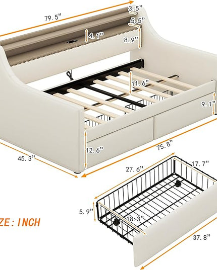 Twin Size Daybed with 2 Storage Drawers, Upholstered Daybed with Charging Station and LED Lights, Twin Size Day Bed Frame for Living Room, Bedroom, Beige - LeafyLoom