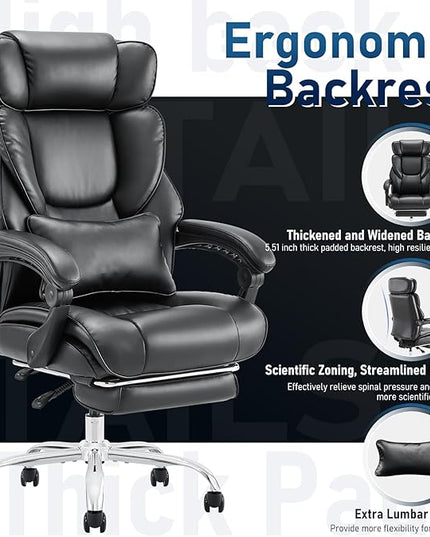 Executive Office Chair with Footrest, Ergonomic High Back Desk Chair, Computer Chair with Adjustable Headrest, Height, Tilt Lock, Extra Lumbar Support Pillow for Comfort, Large Home Office Chair-Black - LeafyLoom