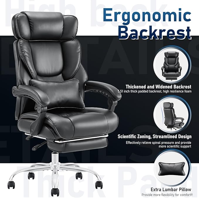 Executive Office Chair with Footrest, Ergonomic High Back Desk Chair, Computer Chair with Adjustable Headrest, Height, Tilt Lock, Extra Lumbar Support Pillow for Comfort, Large Home Office Chair-Black - LeafyLoom