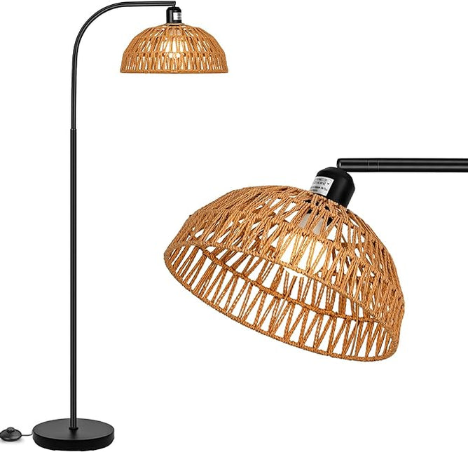 Farmhouse Rattan Floor Lamp, Black Rustic Tall Floor Lamp, Boho Floor Lamps with Hanging Adjustable Hand-Worked Rattan Shade, Foot Switch, Black Pole Lamps for Living Room (Bulb Not Included) - LeafyLoom