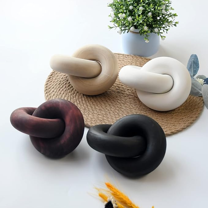 Wooden Knot for Coffee Table Decor Shelf Decor Boho Home Decor Statues, Modern Farmhouse Bookshelf Decorative Objects Wood Chain Link for Living Room- Black - LeafyLoom