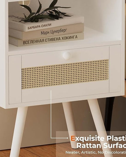 SUPERJARE Nightstand with Charging Station & Rattan-Like Decor Drawer, Rattan End Table with Solid Wood Feet, Bed Side Table with Open Storage, for Bedroom, Living Room, Dormitory - White - LeafyLoom