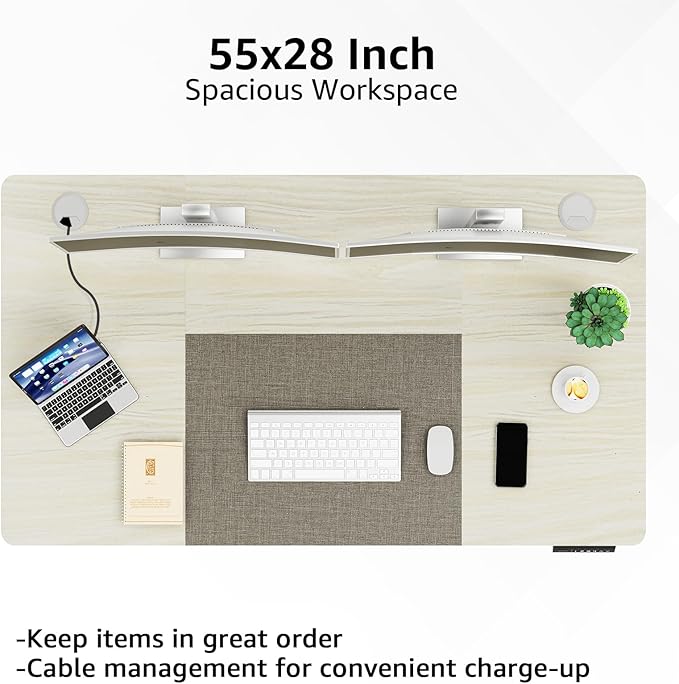 MOUNTUP 55x28 Inches Electric Height Adjustable Standing Desk, Sit Stand Desk with Memory Controller, Ergonomic Stand Up Desk for Home Office with Splice Board, White+Grey - LeafyLoom