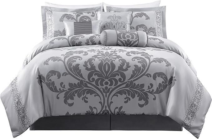 Chezmoi Collection 7-Piece Jacquard Floral Comforter Set (King, Silver/Gray) - LeafyLoom
