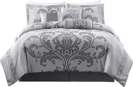 Chezmoi Collection 7-Piece Jacquard Floral Comforter Set (California King, Silver/Gray) - LeafyLoom