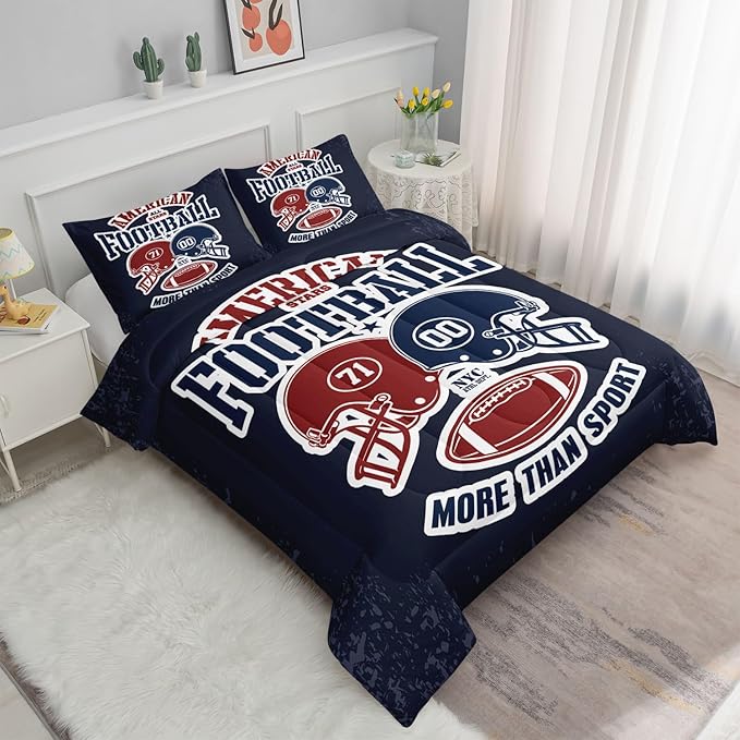 Datura home American Football Comforter Set Vintage Navy American Football Printed Quilt Bedding Set with 1 Comforter and 2 Pillowcases for Boys and Girls Bedroom All Season(Football Navy Queen) - LeafyLoom