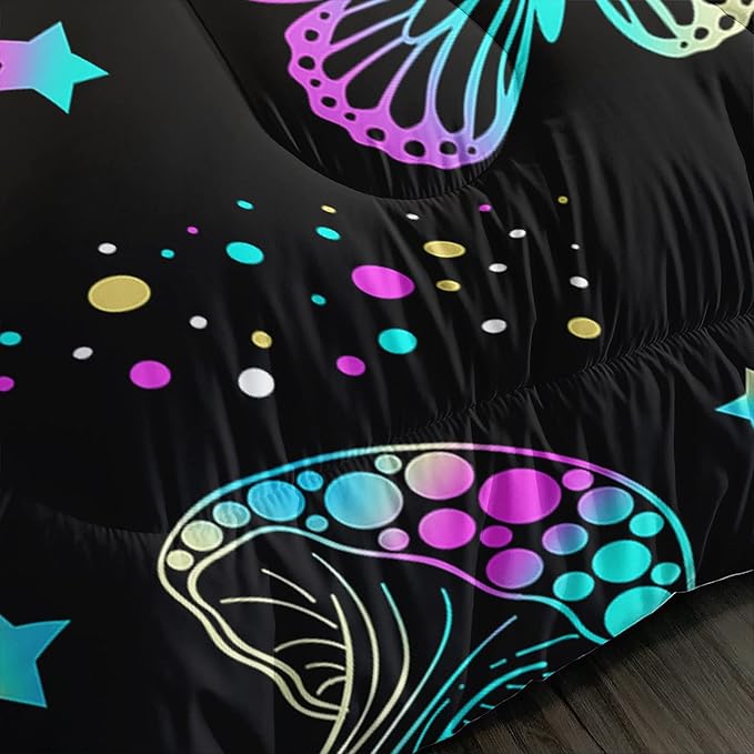 Colorful Mushroom Comforter Set Queen Size Kids Mushroom Butterfly Bedding Set Star Quilt Bed Set for Boys Girls Adults with 1 Comforter and 2 Pillowcases - LeafyLoom