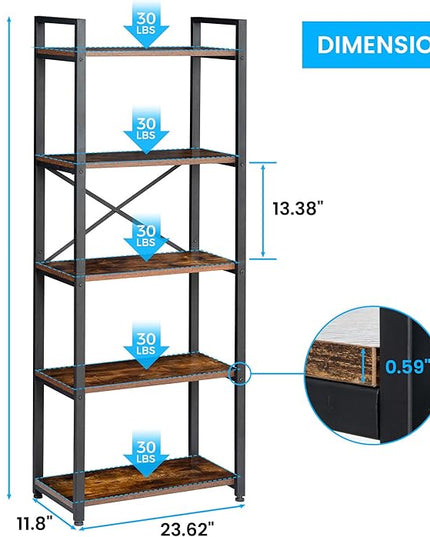 5 Tier Bookshelf Rustic Industrial Style, Storage Shelves, Metal Book Shelves Bookcase Book Shelf Display Shelf for Home Office, Living Room, Bedroom, Kitchen (23.6" W, Brown) - LeafyLoom