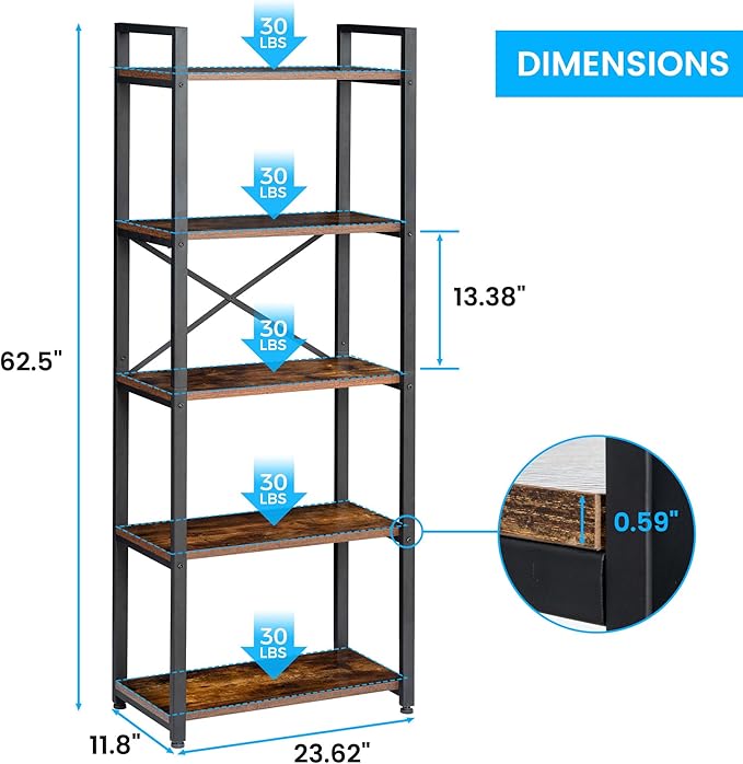 5 Tier Bookshelf Rustic Industrial Style, Storage Shelves, Metal Book Shelves Bookcase Book Shelf Display Shelf for Home Office, Living Room, Bedroom, Kitchen (23.6" W, Brown) - LeafyLoom