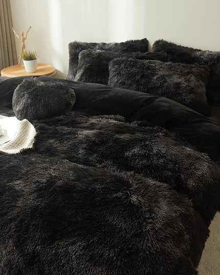 Tie dye Black Plush Fluffy Comforter Cover Set Queen - Ultra Soft Faux Fur tie dye Bedding Sets 3 Pieces (1 Shaggy Duvet Cover + 2 Pillow case) Black Fluffy Bed Set (Tie Dye Black, Queen) - LeafyLoom