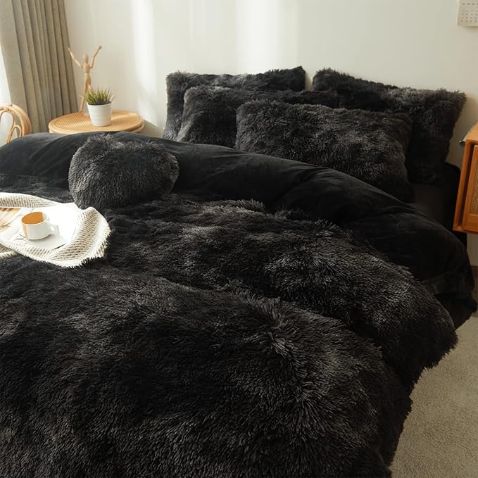 Tie dye Black Plush Fluffy Comforter Cover Set Queen - Ultra Soft Faux Fur tie dye Bedding Sets 3 Pieces (1 Shaggy Duvet Cover + 2 Pillow case) Black Fluffy Bed Set (Tie Dye Black, Queen) - LeafyLoom