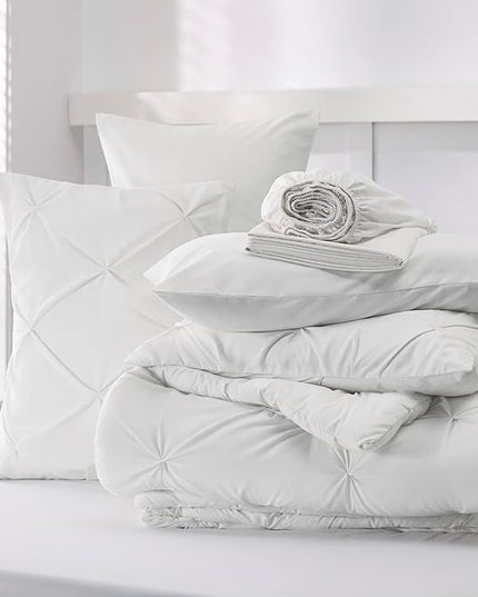 Bedsure Twin Comforter Set with Sheets - 5 Pieces Twin Bedding Sets, Pinch Pleat White Twin Bed in a Bag with Comforter, Sheets, Pillowcase & Sham - LeafyLoom