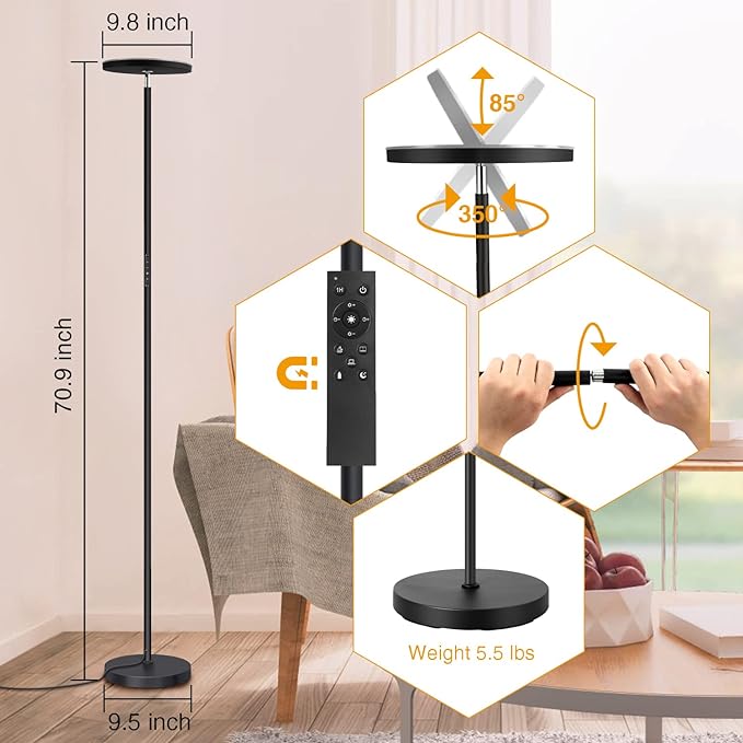 OUTON Floor Lamp, 30W/3000LM LED Modern Torchiere Sky Lamp, Super Bright Dimmable Standing Tall Lamp with 4 Color Temperatures, Remote Touch Control, 1 Hour Timer for Living Room Bedroom Office, Black - LeafyLoom