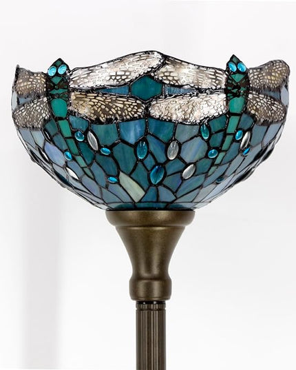 WERFACTORY Tiffany Floor Lamp Sea Blue Stained Glass Dragonfly Light 12X12X66 Inches Pole Torchiere Standing Corner Torch Uplight Decor Bedroom Living Room Home Office S147 Series - LeafyLoom