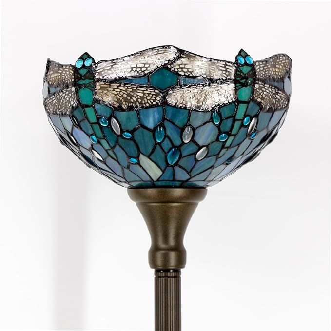 WERFACTORY Tiffany Floor Lamp Sea Blue Stained Glass Dragonfly Light 12X12X66 Inches Pole Torchiere Standing Corner Torch Uplight Decor Bedroom Living Room Home Office S147 Series - LeafyLoom