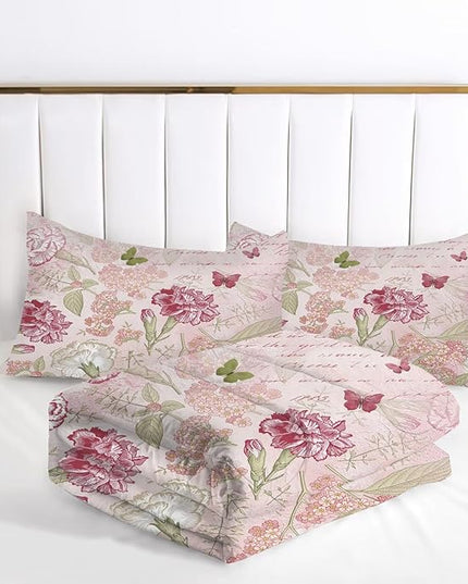 kxry Pink Flower Comforter Sets Butterfly Bedding Sets King Size Comforter Set for Girls Women Kids 1 Comforter + 2 Pillow Case - LeafyLoom