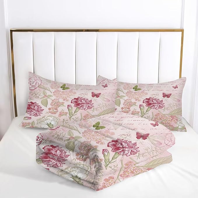 kxry Pink Flower Comforter Sets Butterfly Bedding Sets Twin Size Comforter Set for Girls Women Kids 1 Comforter + 1 Pillow Case - LeafyLoom
