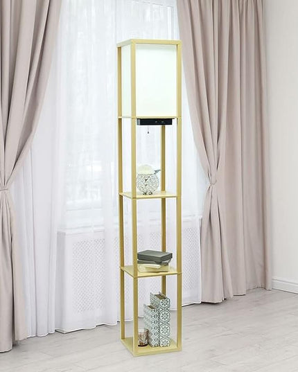Simple Designs LF1037-TAN Floor Lamp Etagere Organizer Storage Shelf with 2 USB Charging Ports, 1 Charging Outlet and Linen Shade, Tan - LeafyLoom
