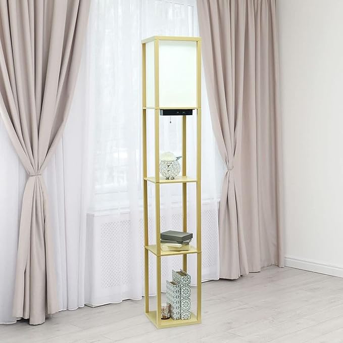 Simple Designs LF1037-TAN Floor Lamp Etagere Organizer Storage Shelf with 2 USB Charging Ports, 1 Charging Outlet and Linen Shade, Tan - LeafyLoom