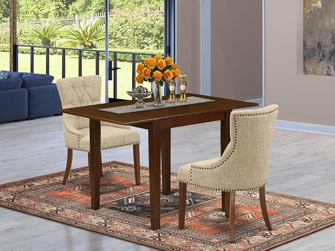 East West Furniture NDFR3-MAH-05 Norden 3 Piece Kitchen Set Contains a Rectangle Dining Room Table with Dropleaf and 2 Doeskin Linen Fabric Parsons Chairs, 30x48 Inch - LeafyLoom