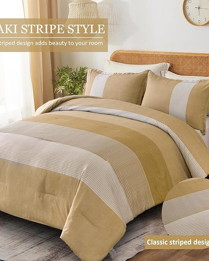 WONGS BEDDING Comforter Set Queen, Reversible Yellow Striped Patchwork Down Alternative Comforter for Queen Bed,3 Pieces (1 Comforter+2 Pillowcases), Soft Microfiber Bedding Set 90"×90" - LeafyLoom