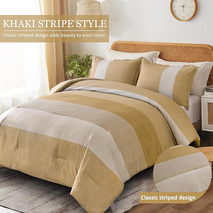 WONGS BEDDING Comforter Set Queen, Reversible Yellow Striped Patchwork Down Alternative Comforter for Queen Bed,3 Pieces (1 Comforter+2 Pillowcases), Soft Microfiber Bedding Set 90"×90" - LeafyLoom