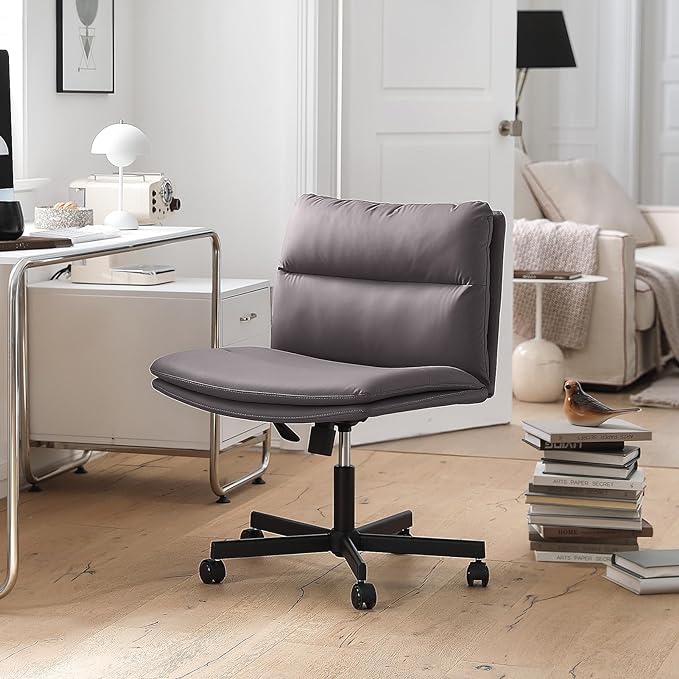 EMIAH Armless Office Desk Chairs with Wheels Criss Cross Chair PU-Leather Mid-Back Ergonomic Home Office Computer Chair Comfortable Thickened Cushion Adjustable Swivel Chair-Chocolate Brown - LeafyLoom