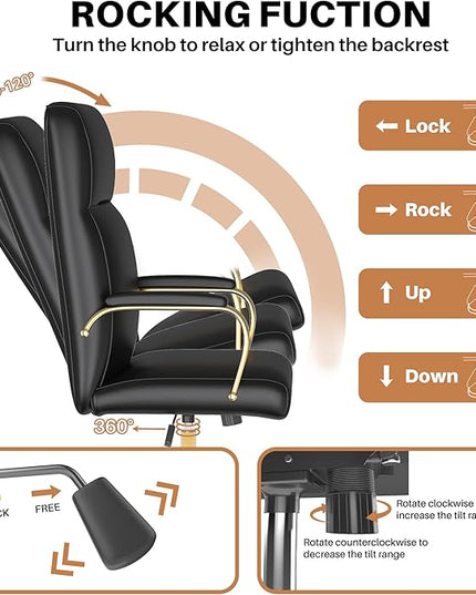 Black and Gold Office Chair, High Back Office Chair for Women, Modern Desk Chair Comfy with Arms, Leather Executive Office Chair with Wheels - LeafyLoom